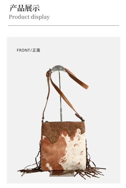 TZECHO Cowhide Fringe Crossbody Bag Brown and White - 12
