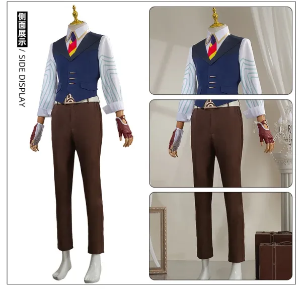 Cosplay Costume Set: White Shirt, Navy Vest, Brown Pants, Red Gloves, Tie, Belt, Chain, Glasses, Stud Earrings - 6