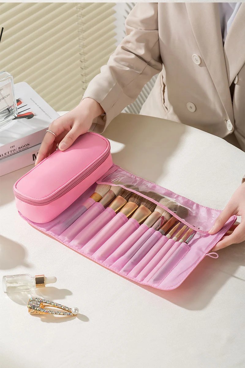 Pink Roll-Up Makeup Brush Organizer Pouch - 37
