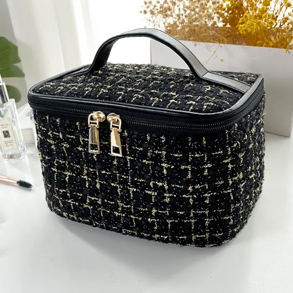 Tweed-Style Makeup Case Black with Gold Thread Handbag - 1