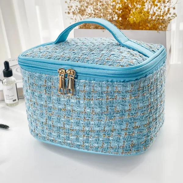 Tweed-Style Cosmetic Bag in Sky Blue with Gold Thread - 1