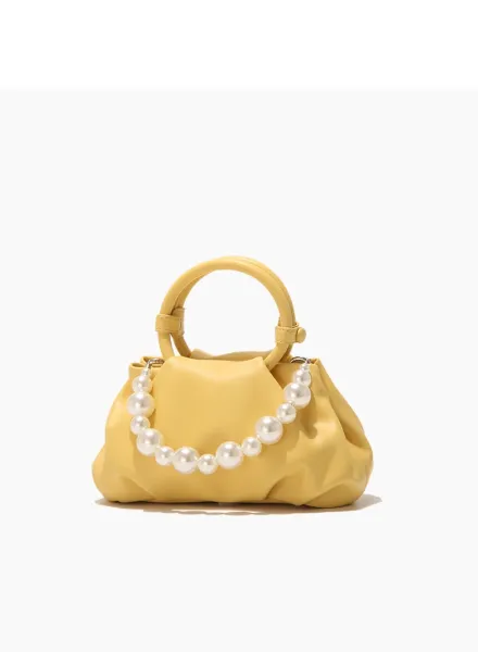 Yellow Pearl-Embellished Structured Handbag - 33