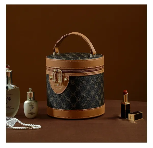M Letter Print Cosmetic Case Black Pink Bucket Bag - 25