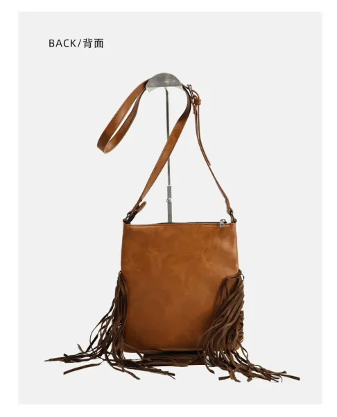 TZECHO Cowhide Fringe Crossbody Bag Brown and White - 14