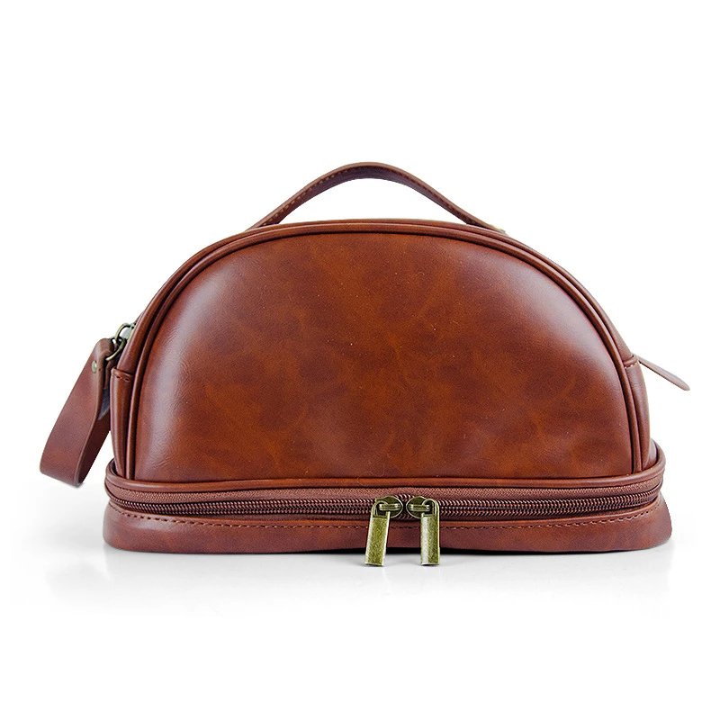 Brown Leather Toiletry Bag with Dual-Zipper Compartment - 1