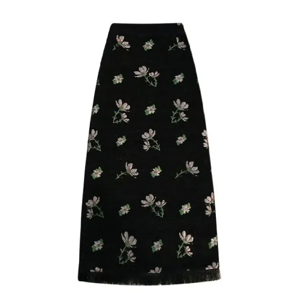 Floral Embroidered Velvet Skirt Black - 1