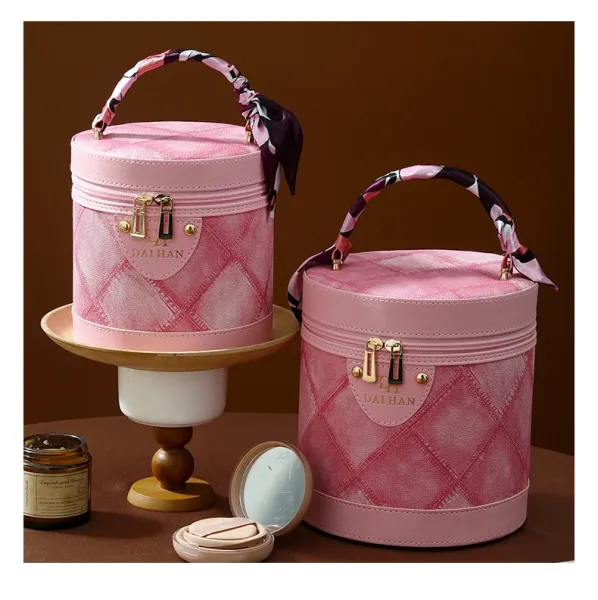 M Letter Print Cosmetic Case Black Pink Bucket Bag - 26
