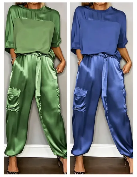 Silk Satin Cargo Joggers Gray Pants - 14