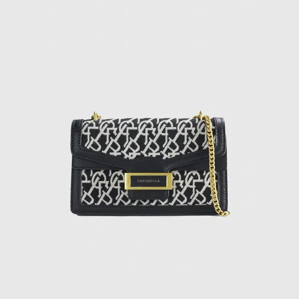 Chrisbella Chain-Strap Mini Shoulder Bag in Black and White Jacquard - 1