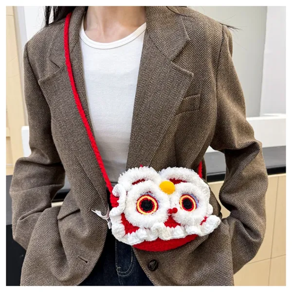 Lion Dance Motif Crossbody Bag Red and White - 13