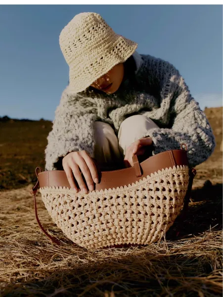 Polène Noé Tote Bag Beige and Brown Raffia Woven Handbag - 21