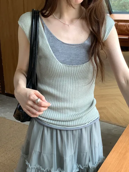 Layered Ribbed Knit Tank Top in Sage Green and Gray - 1
