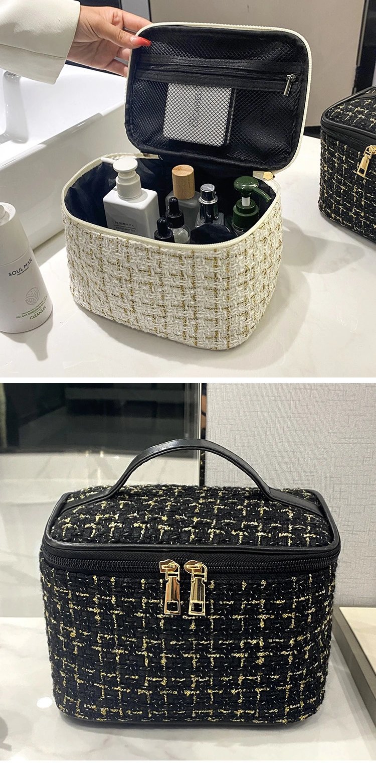 Tweed Makeup Case Burgundy with Gold Thread Handbag - 14