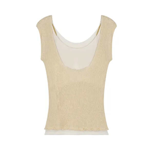 Ribbed Layered Camisole Top in Beige - 1