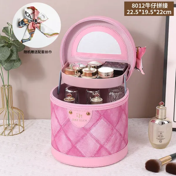 Dai Han 8012 Pink Quilted Makeup Organizer with Mirror and Silk Scarf - 1