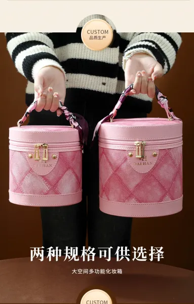 M Letter Print Cosmetic Case Black Pink Bucket Bag - 7