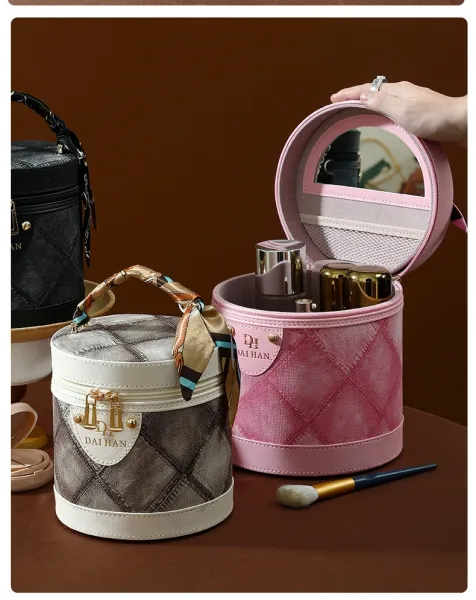 M Letter Print Cosmetic Case Black Pink Bucket Bag - 21