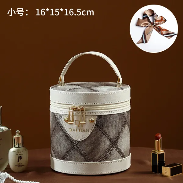 Daihan格纹圆筒手提化妆包 Beige Plaid Round Handbag - 1