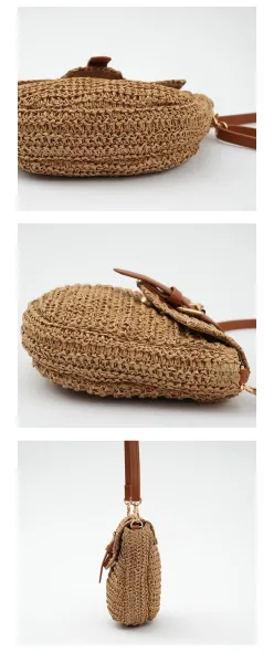 Woven Saddle Bag in Beige with Brown Leather Strap Crossbody Bag - 7