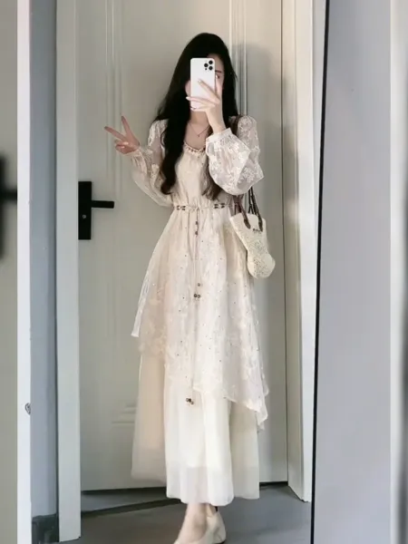 Lace Overlay Tiered Maxi Dress in Beige - 11