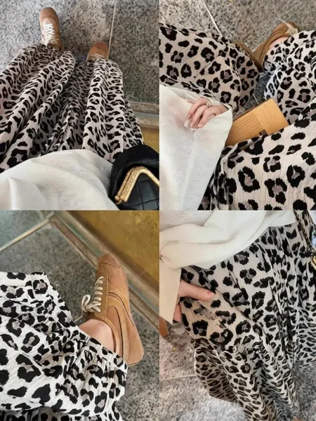 Leopard Print Wide-Leg Pants with Crinkled Texture Beige Multicolor Pants - 2
