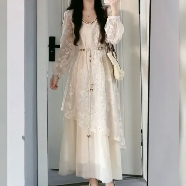 Lace Overlay Tiered Maxi Dress in Beige - 1