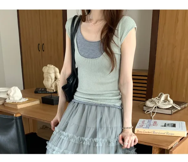 Ribbed Layered Camisole Top in Beige - 19