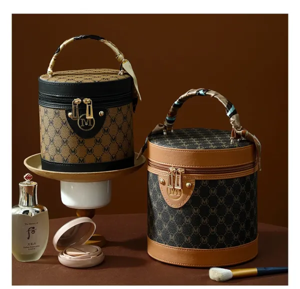 M Letter Print Cosmetic Case Black Pink Bucket Bag - 22