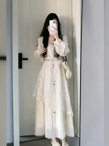 Lace Overlay Tiered Maxi Dress in Beige - 10