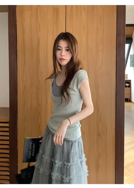 Ribbed Layered Camisole Top in Beige - 21