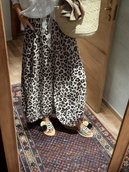 Leopard Print Wide-Leg Pants with Crinkled Texture Beige Multicolor Pants - 4