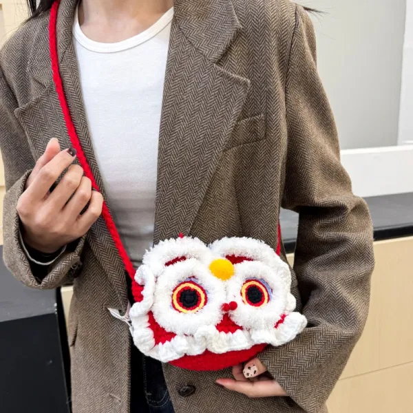 Lion Dance Motif Crossbody Bag Red and White - 1