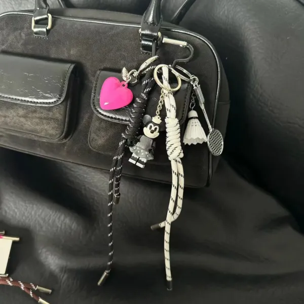 Black Structured Handbag with Paracord Keychain Set Featuring Minnie Mouse, Shuttlecock, and Racket Charms - 1