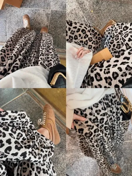 Leopard Print Wide-Leg Pants with Crinkled Texture Beige Multicolor Pants - 5
