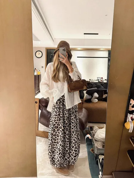 Leopard Print Wide-Leg Pants with Crinkled Texture Beige Multicolor Pants - 6