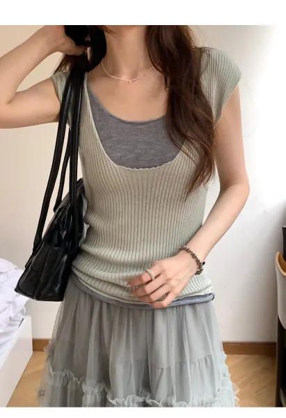 Ribbed Layered Camisole Top in Beige - 11