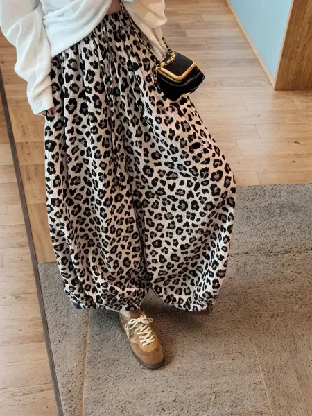 Leopard Print Wide-Leg Pants with Crinkled Texture Beige Multicolor Pants - 1