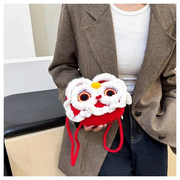 Lion Dance Motif Crossbody Bag Red and White - 15
