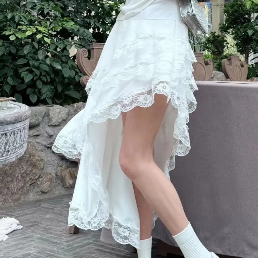 White Lace Asymmetrical High-Low Skirt
