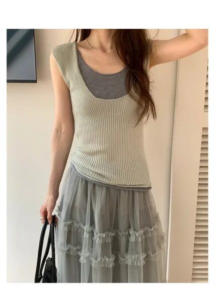 Ribbed Layered Camisole Top in Beige - 3
