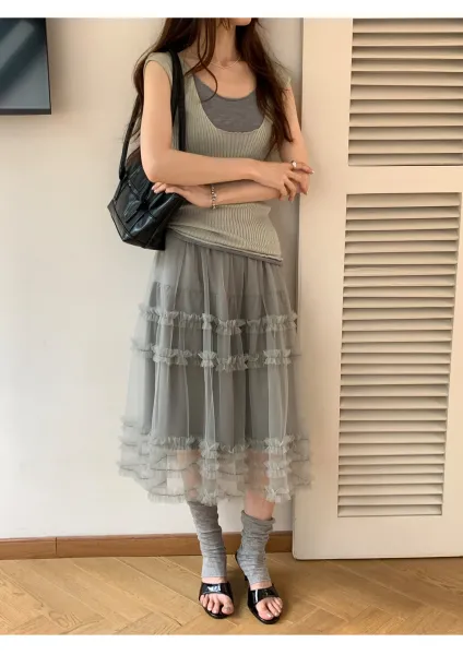 Ribbed Layered Camisole Top in Beige - 13
