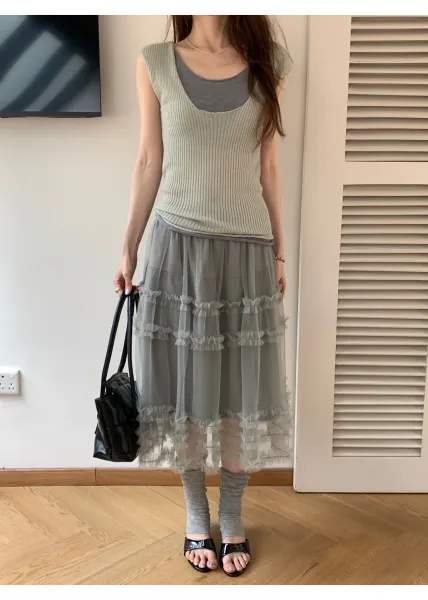 Ribbed Layered Camisole Top in Beige - 14