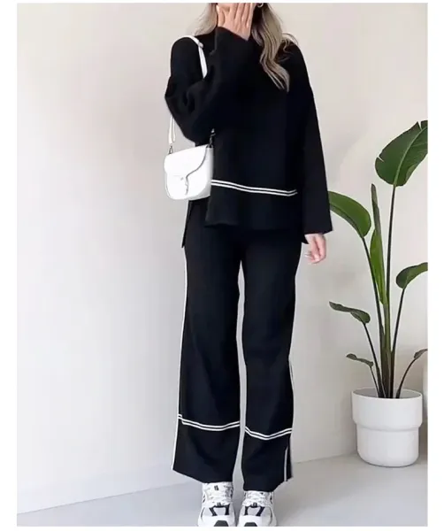 Design Track-Style Two-Piece Set with White Piping Black Pants and Sweater - 12