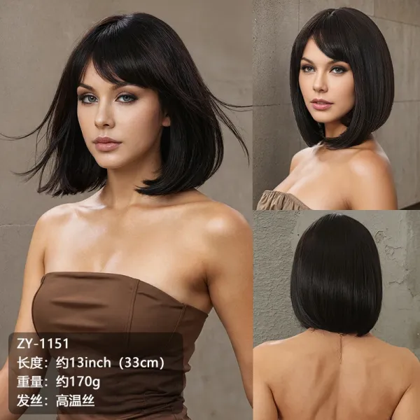 ZY-1151 Bob Wig Black High-Temperature Fiber Hairpiece - 1