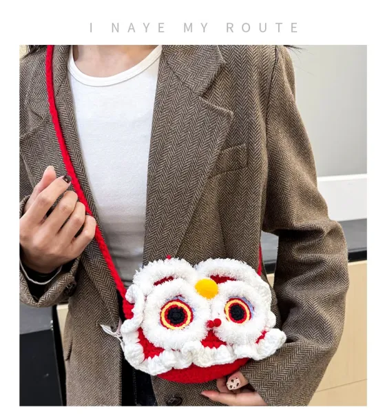 Lion Dance Motif Crossbody Bag Red and White - 2
