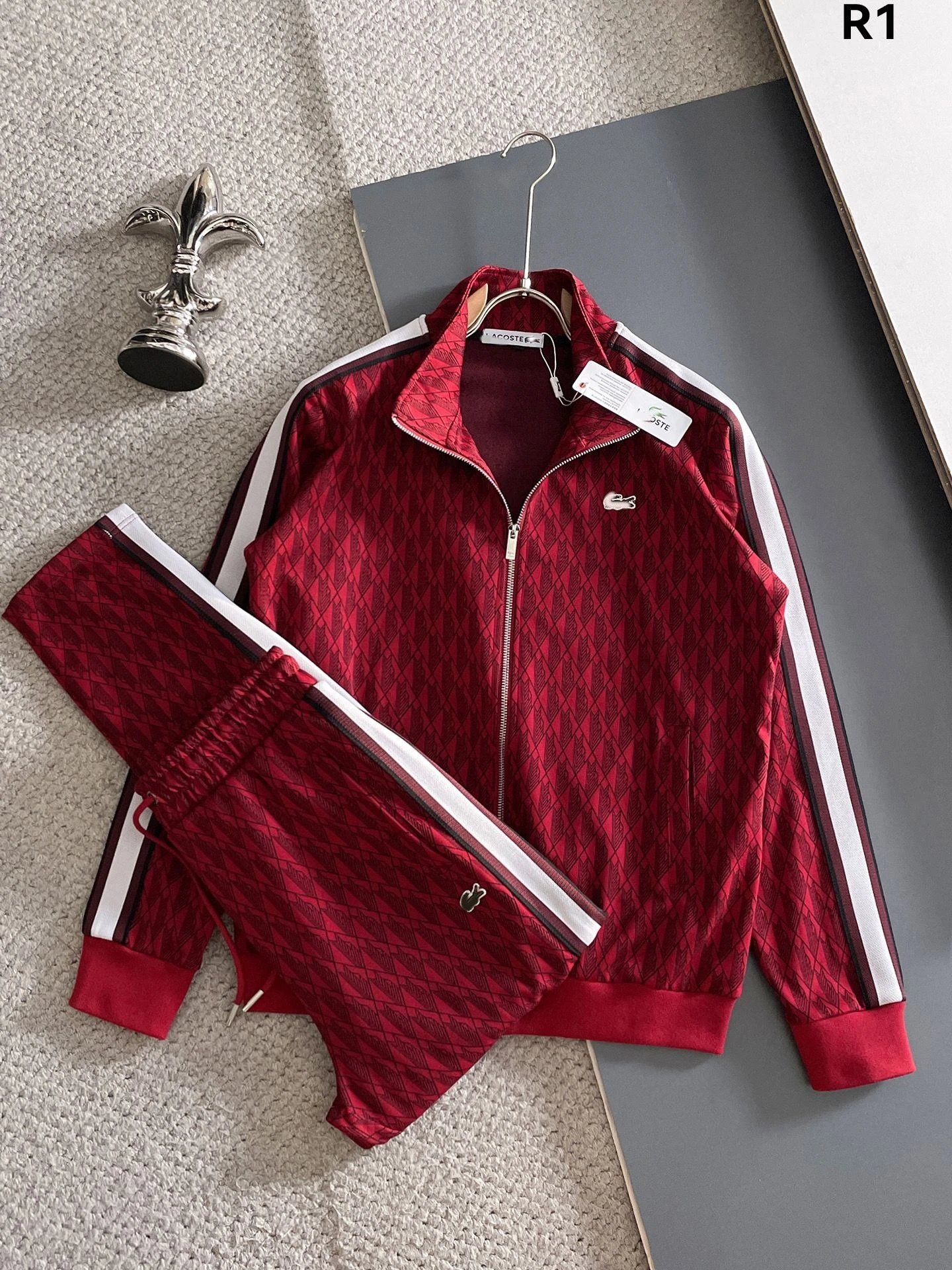 Lacoste Tracksuits Diamond-pattern zip track jacket and jogger set — R1 red