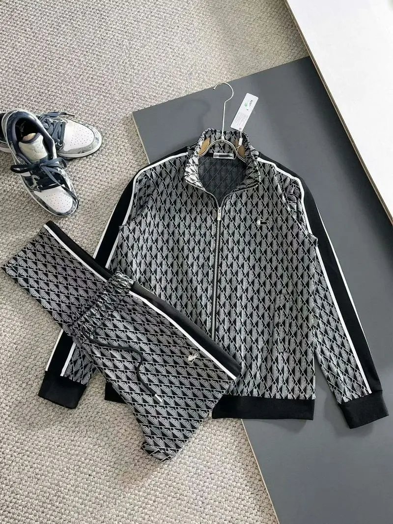 Lacoste Tracksuits Diamond-pattern zip track jacket and jogger set — R1 gray-black