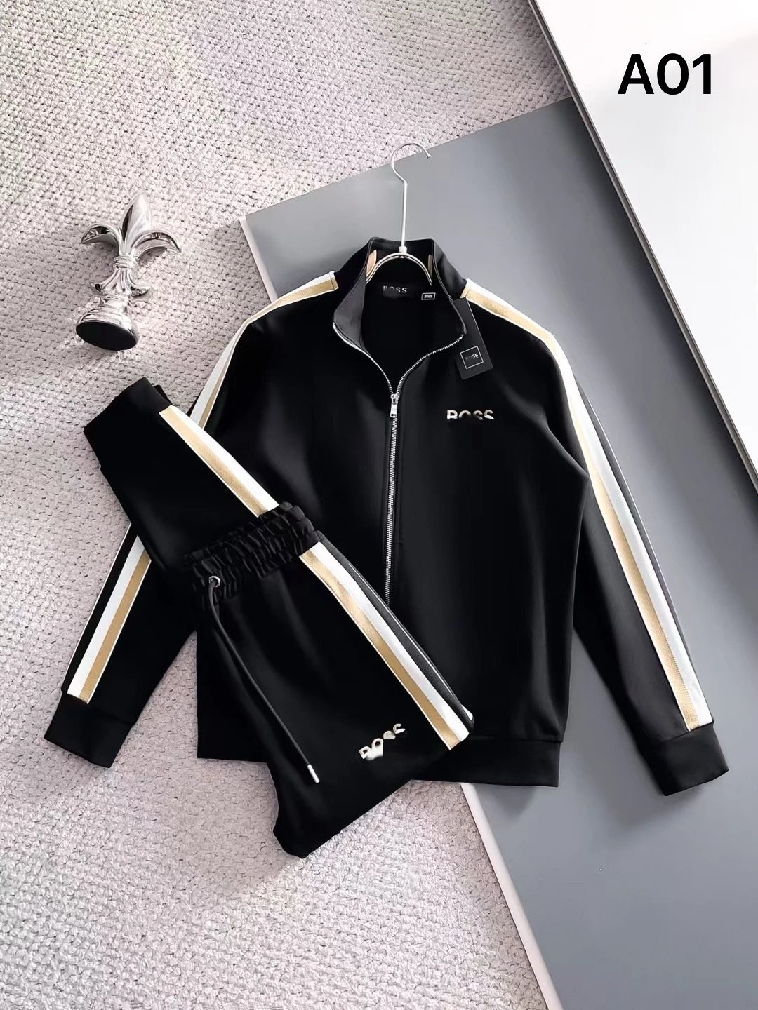 Lacoste Tracksuits Diamond-pattern zip track jacket and jogger set — A01 black