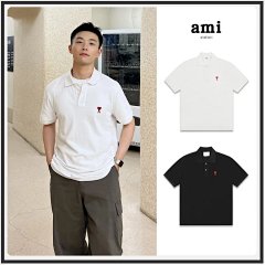 ami polo shirt short sleeve summer small heart embroidery t-shirt unisex couple pure cotton streetwear loose top turn-down collar