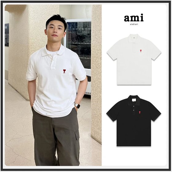 ami polo shirt short sleeve summer small heart embroidery t-shirt unisex couple pure cotton streetwear loose top turn-down collar